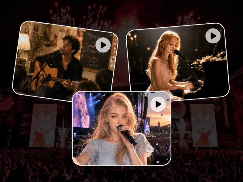 three video thumbnails showing musicians